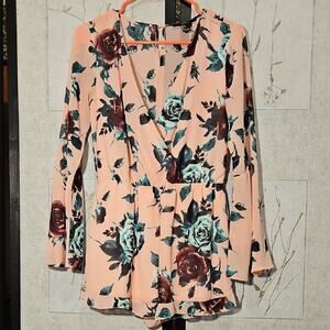 Forever 21 Pink Floral Wrap Jumpsuit with 3/4 Sleeves